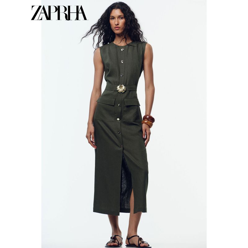 Zaprha 2025 Summer New Clamshell Linen Button Belt round Neck Sleeveless Midi Dress 8416712
