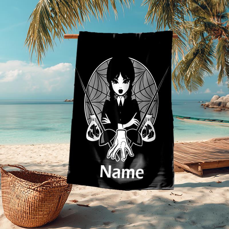 Custom Name Ultra-Soft Beach Towel with Wednesday Theme,Ideal for Pool - Camping, Diving - Perfect Travel Essential, Vibrant Beach Towel.