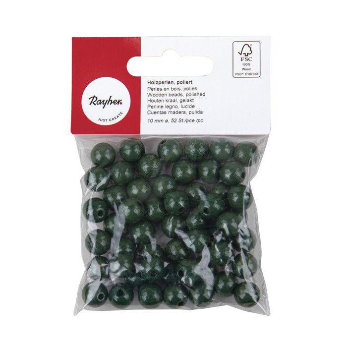 Perles en bois FSC 100%, polies, 10mm ø, vert moyen, 52 pièces