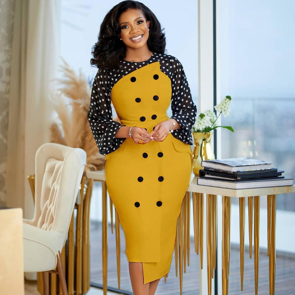 Large Size Women Spring Autumn Fashion Patchwork Polka Dot Dress Ladies One Piece Elegant Round Collar Sheath Dress