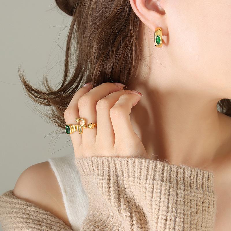 Korean Retro C-Shaped Earrings with Emerald Zirconia & 18K Gold-Plated Titanium Steel