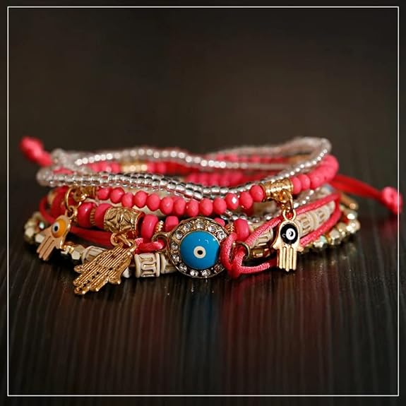 Multilayer Hamsa Hand Evil Eye Lucky Protection Bracelets Multicolor Crystal Charm Beaded Bracelet for Women Girls