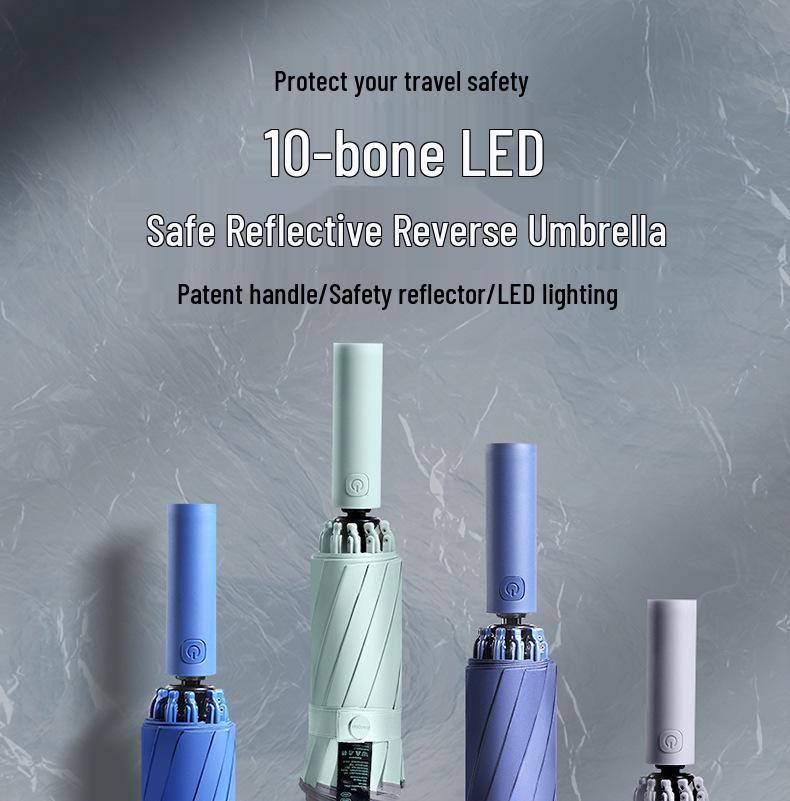 10-Rib Automatic Safety LED Reflective Umbrella with Reverse Close for Sun and Rain Protection