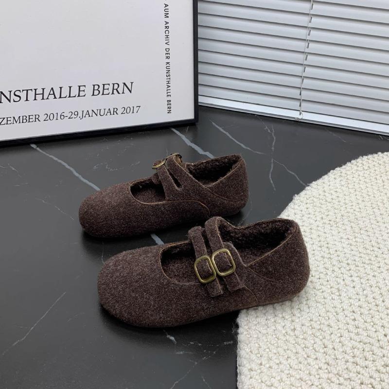 Retro zweireihige flache Mary Jane Schuhe aus Wolle für Damen 2 neue Herbst- und Winter-Mode vielseitige Plüschschuhe