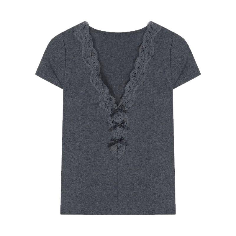 South East Asia new bow v-neck short-sleeved T-shirt women's summer slim-fit Spice Girl lace splicing top