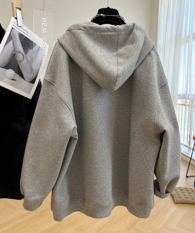 Plus Size Women Long Sleeve Hoodie Spring Autumn Loose Casual Oversized Hooded Sweatshirt Gray Black Zipper Coat