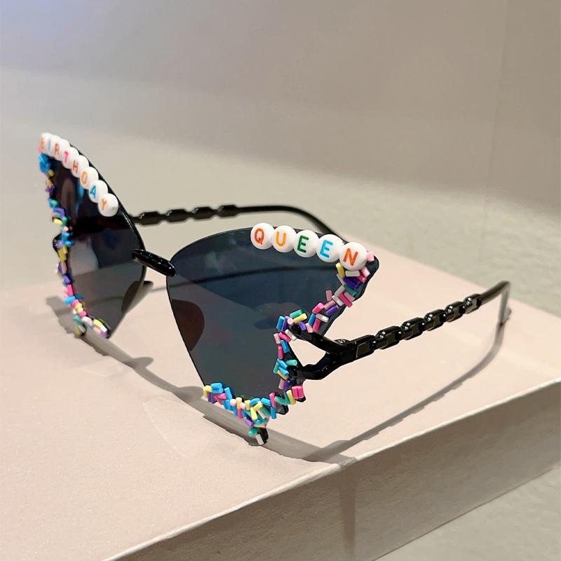 KAMMPT Butterfly Shaped Sunglasses with Sprinkles Women Fashion Birthday Gift Decor Shades Trendy Original Handmade Sun Glasses