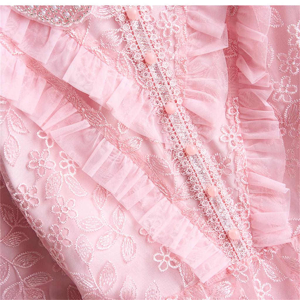 Women's Peter Pan Collar Lace Embroidery Midi Dress Luxury Beaded Crystal Costumes Ruffled Splice Button Front Slim A‑Line Dress
