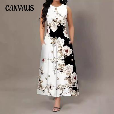 Summer Printed Plus Size Dress Floral Pockets Round Neck A-Line Long Dresses