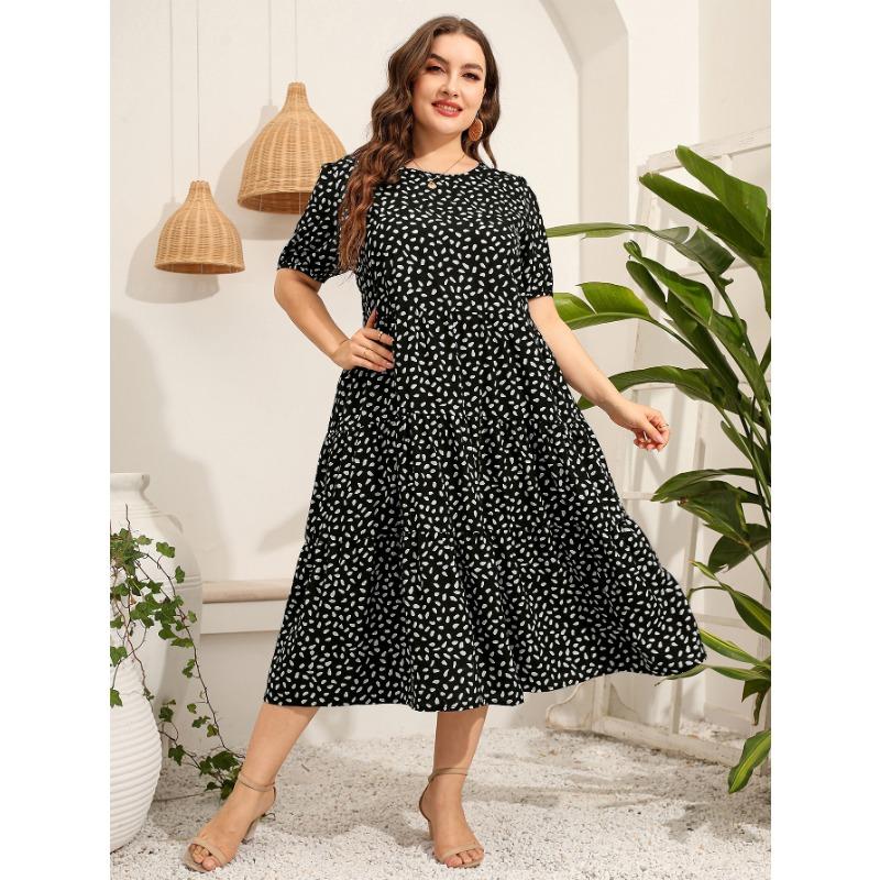 Letní dámské šaty velké velikosti nepravidelná tečka Krátký rukáv Volný kulatý výstřih Dlouhé šaty s velkým lemem