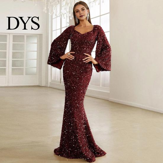 Long Dress Bell Sleeves Women Evening Sequin A-line Slim Fit Low-cut V Formal Occasion Gown Neck Maxi Mid Waist Back Zipper Closure Prom Slim-fit