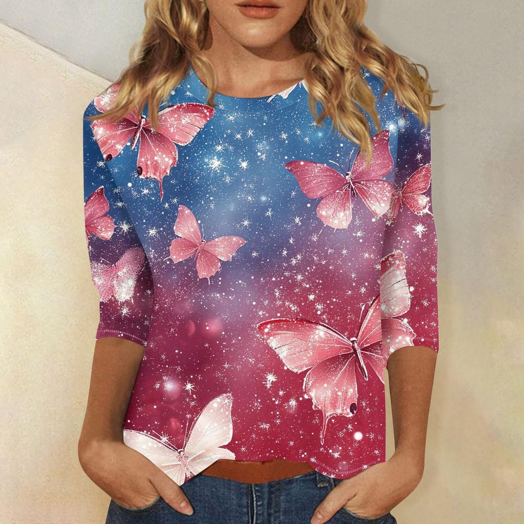 Women's Floral And Casual Three-quarter Sleeves Floral Print Collar Top