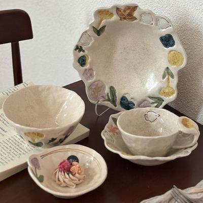 Retro Handmade Ceramic Tableware Underglaze Color Rice Bowl High Value Household Plate Breakfast Cup Dessert Plate Salad Bowl
