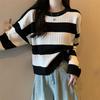 Koreansk Kontrasterande Rundhals Randig Långärmad Stickad Tröja Dam Höst och Vinter Slimmande Lös Passform Pullover Kort Topp