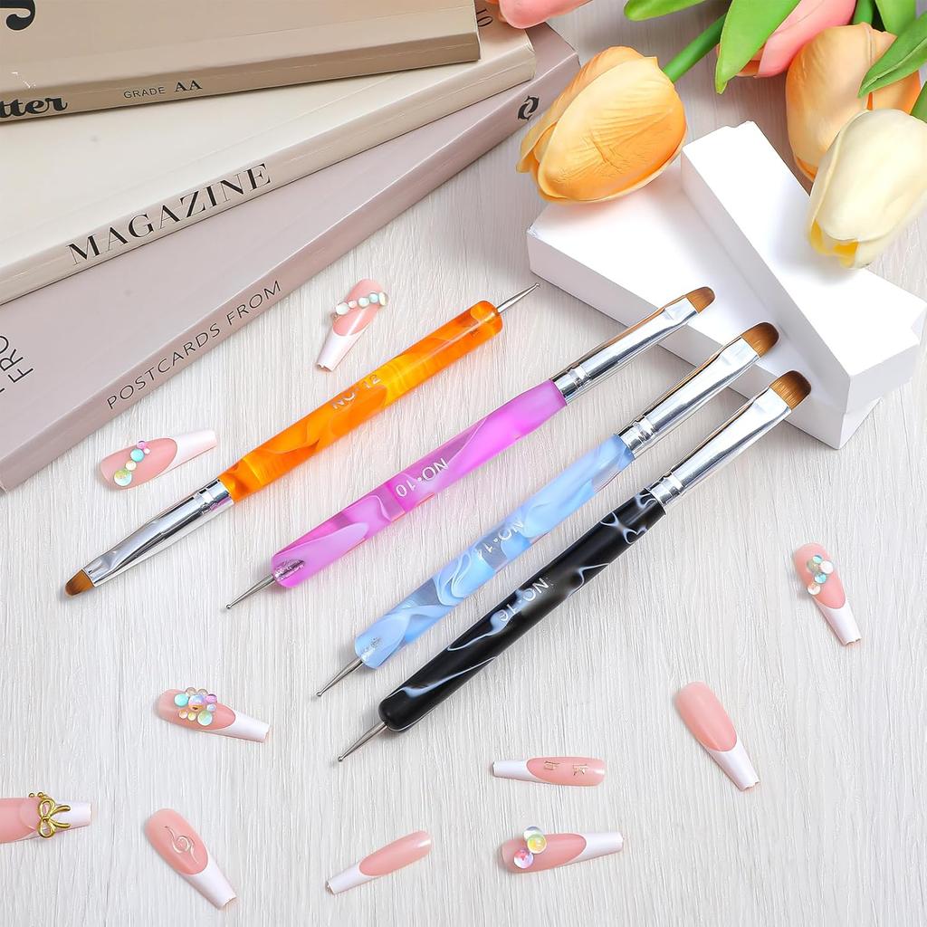 4 Pcs French Brush for Nails with Dotting Tool, Gel Acrylic Brush for Nail Detailed Designs, Two Way DIY Gel Nail Brushes Professional Manicure