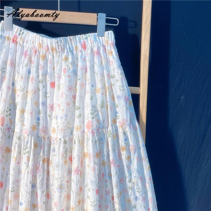 Japanese Mori Girl Spring Summer Women Midi Skirt Elastic Waist Colorful Floral Sweet Skirt Elegant Feminine Ladies' Pretty Skirt
