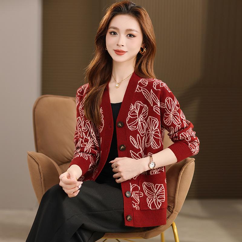 2025 Women's Spring & Autumn Jacquard Knit Cardigan: Casual Loose Sweater Coat