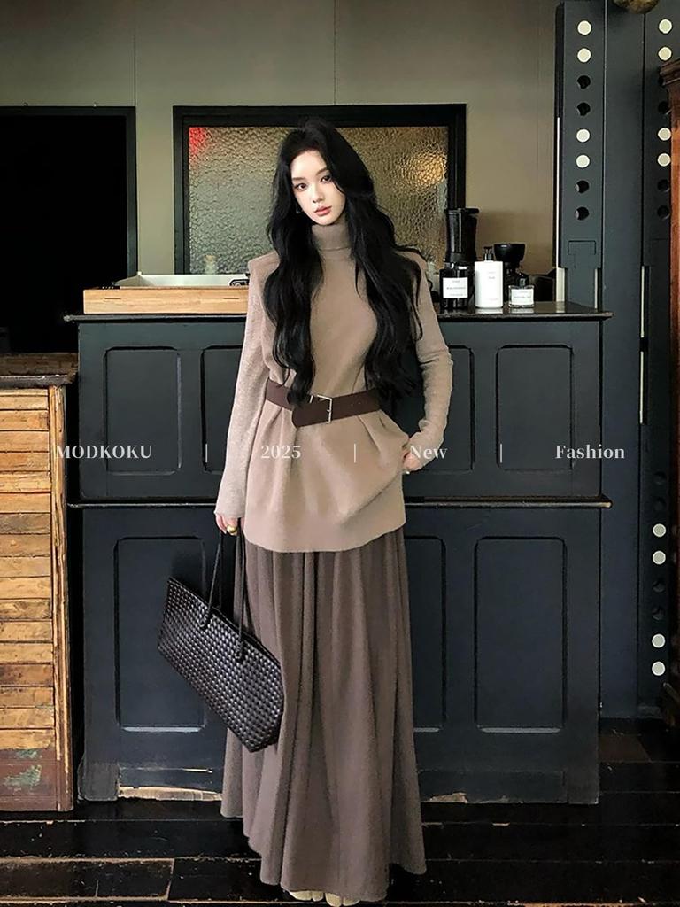 MODKOKU Knit Maxi Sweater Dress with a Korean Perfect for Office Workers and Long Size M Women's Waistband, Elegant, Sweet, Style, Feminine, Elegant,