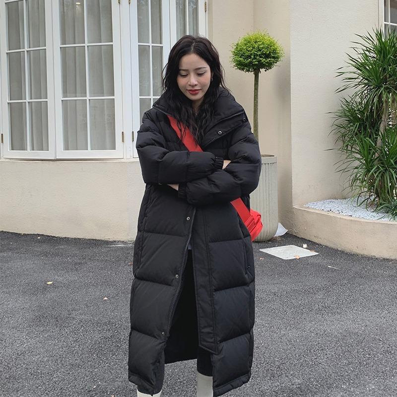 Black Down Cotton Coat Women's Long Winter Coat New Thick Cotton Jacket Chinese Opera Student Knee-high Cotton Coat Jacket