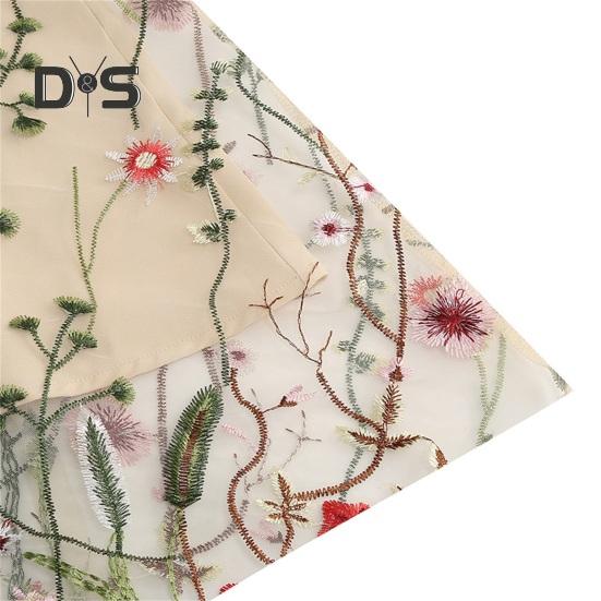 Women Evening Dress Double-layer Flower Embroidery Mesh A-line Big Swing Short Sleeves O Neck Back Zipper Closure Prom Party Midi Dress