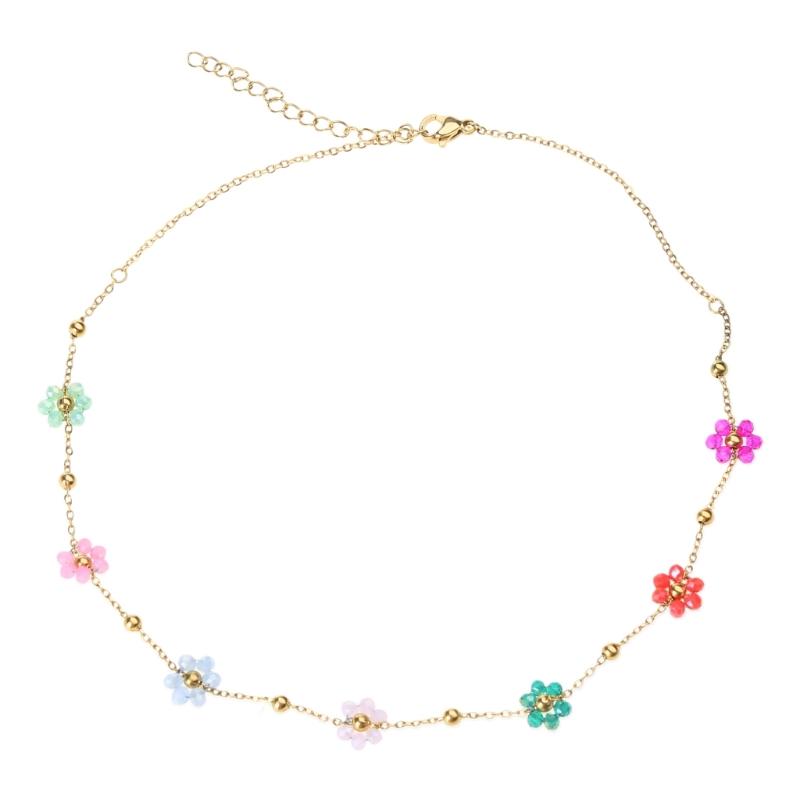 

Colorful Flower Bead Charm Bracelets Clavicle Chain Necklace Wristband Sweet Cute Choker Necklace Stackable Bangle 1