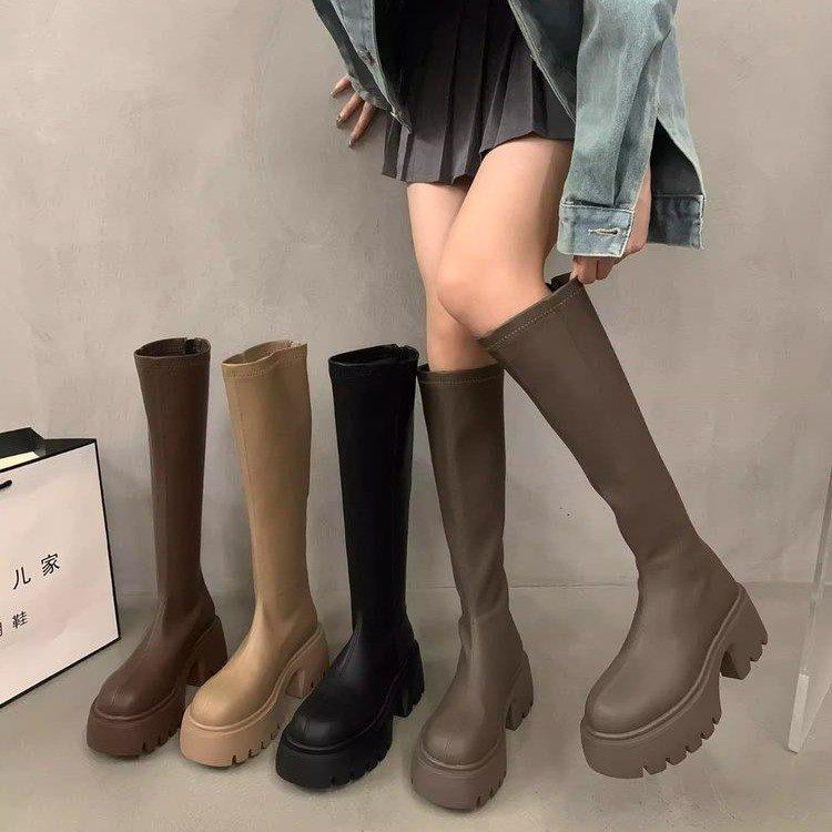 Fashion 2025 New New Round Head Thick Sole Retro Heightening Mid-calf Boots with Velvet Warm and Comfortable Fashion Show Boots