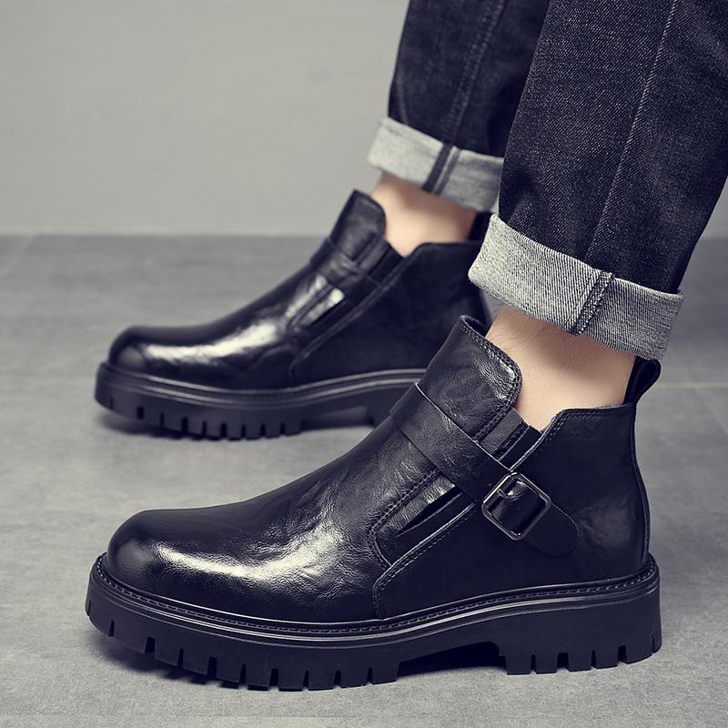 Fashion Comfortable High Top Shoes Fashionable Metal Buckle Ankle Boots Sneakers Casual Leather Male Chelsea Boots Business Mens Botas