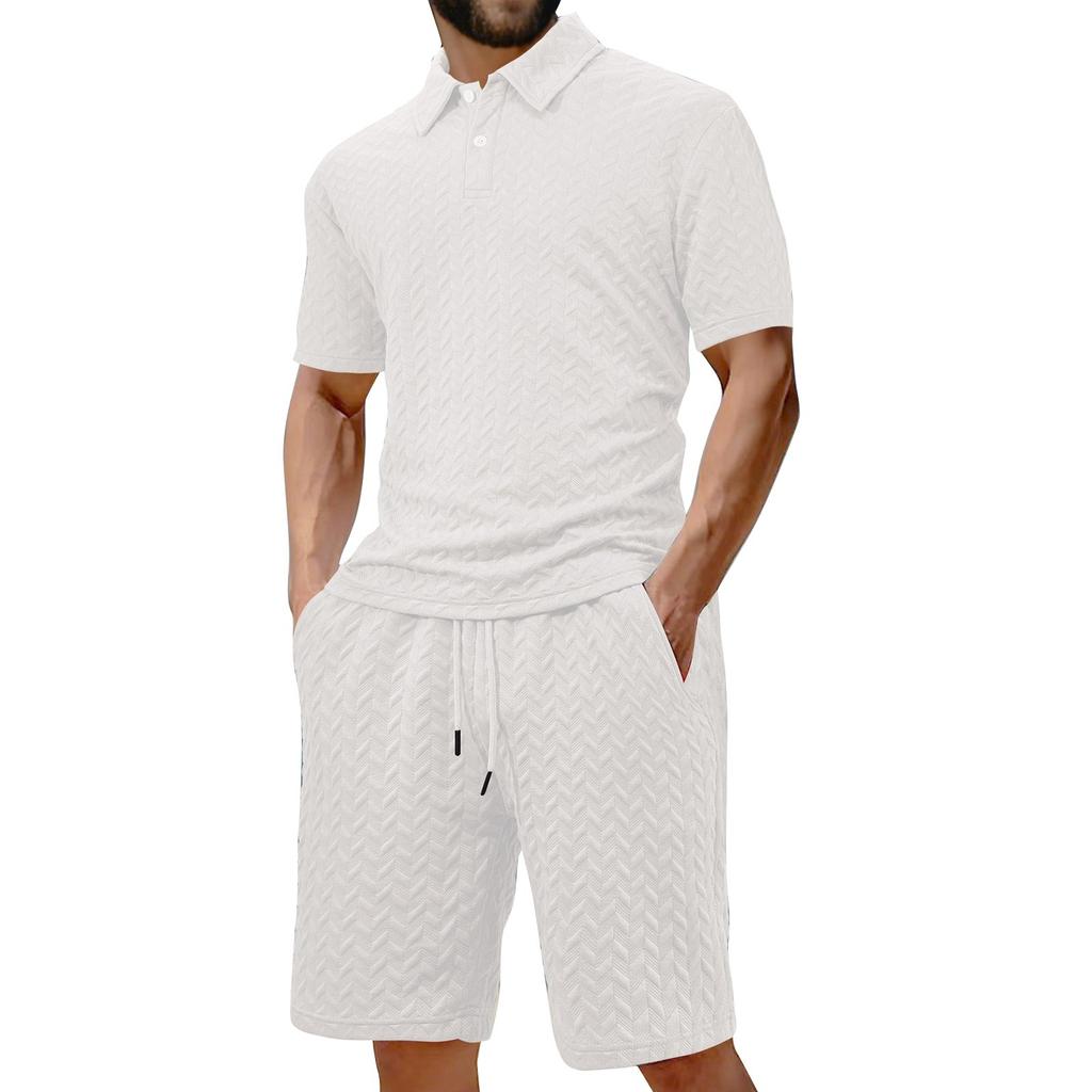 Men's Summer Solid Color Short Sleeve Button Lapel Shirt Shorts Set