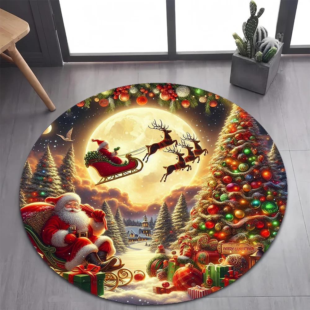 Christmas Night Round Carpet Mat Santa Reindeer Sleigh Pattern Rug Soft Home Decoration for Holiday Party Living Room Decor