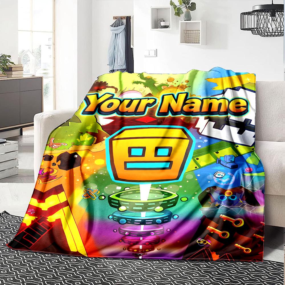 1pc Geometry Dash Blanket with Custom Name, Gift, for Men and Women, Soft Blanket, Good for Sofa Bed Couch Travel, Lightweight Flannel Blanket