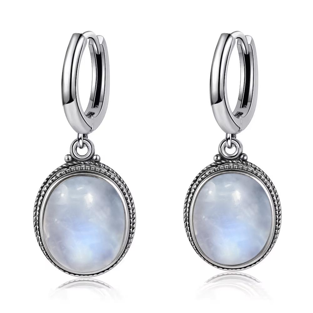 Vintage 925 Silver Natural Labradorite Earrings with Blue Light 10*12mm Big Stone Hoop Earrings Fine Jewelry for Women