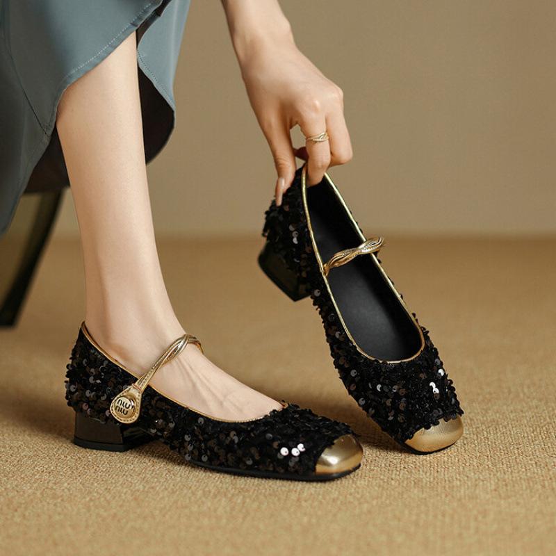 New Four-season Wear Single Shoes Women's Buckle Rubber Sole Low Heel Round Head Sequined Women's Casual Single Shoes Large and Small Size Shoes