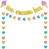 Gold Glittery Ice Cream Bar Sign Banner and Pink, Blue, Gold Heart Paper Garland for Birthday, Summer Theme Party, Baby Shower, Wedding Decorations -