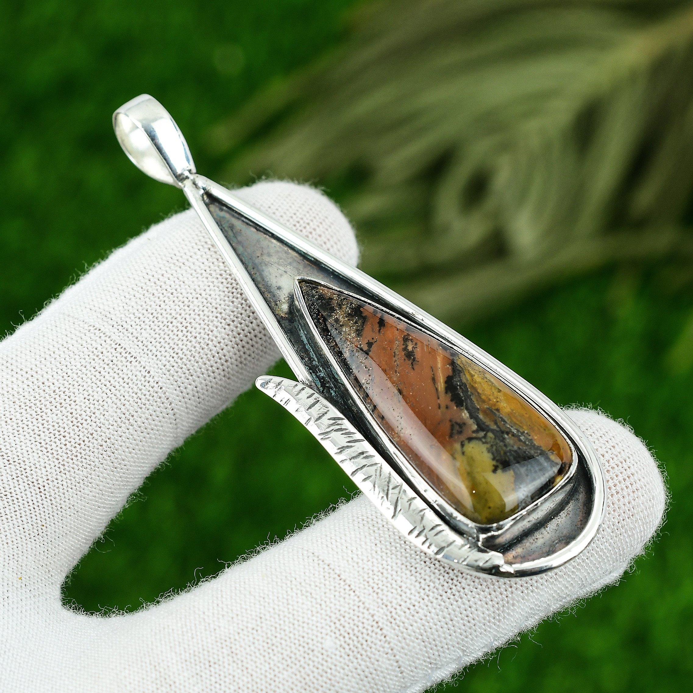 

Sterling Silver Pear Honey Dendrite Opal Gemstone Wife Bezel New Pendant Jewelry