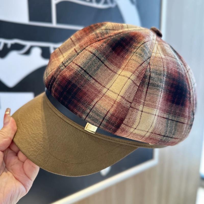 Early Autumn New Plaid Splicing Octagonal Hat Women's Belt Buckle Newsboy Hat Tide
