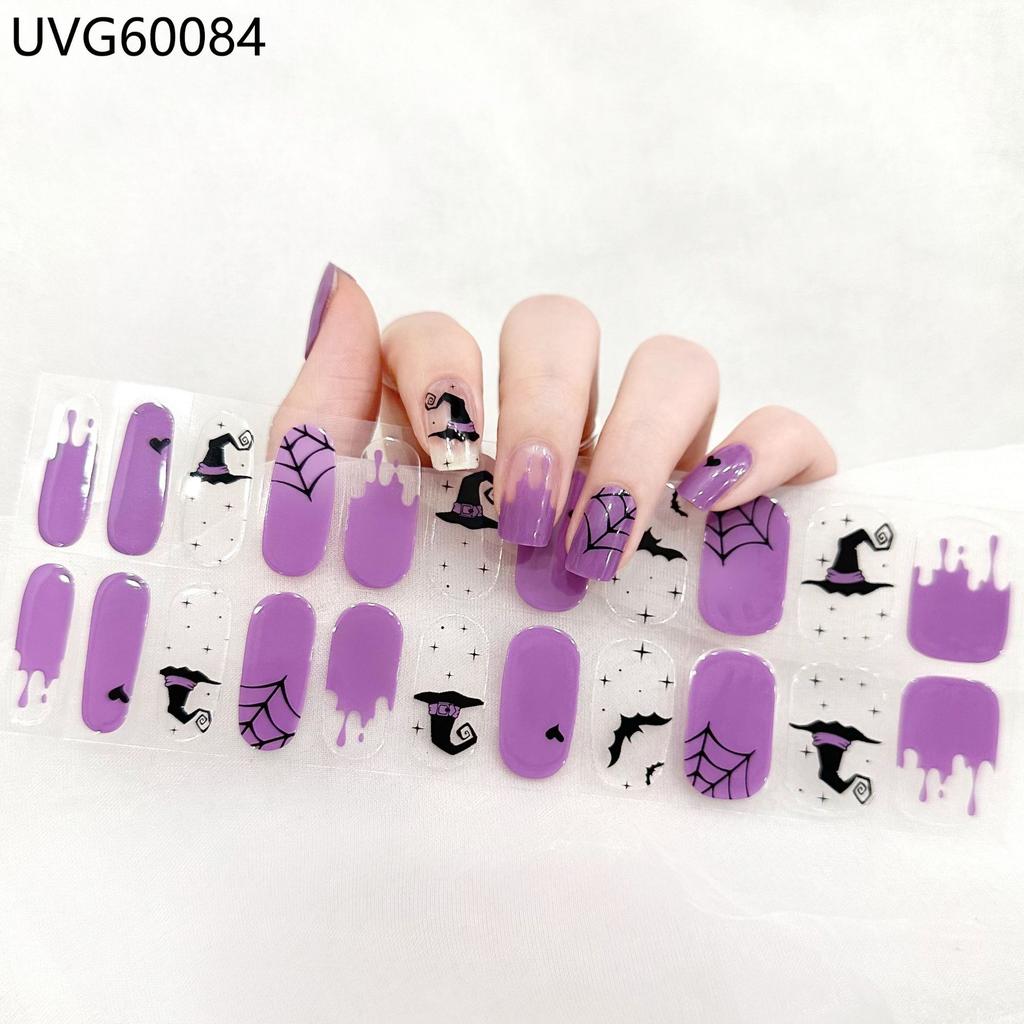 New Halloween Semi-cured UV Gel Nail Stickers Bat Pumpkin Skull Full Cover Gel For UV Lamp Gel Nail Strips Press On Nail Decal