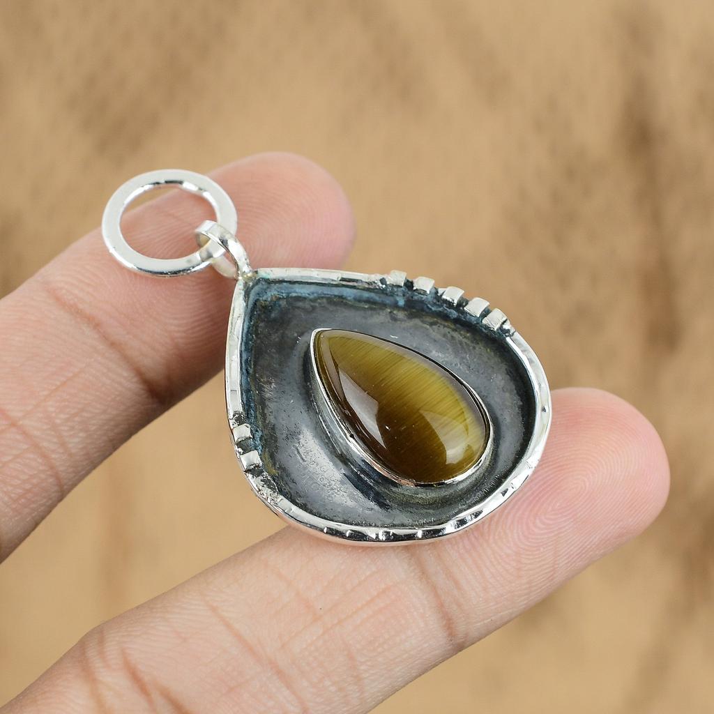 Natural Tiger'S Eye Gemstone Jewelry 925 Sterling Silver Pendant For Women