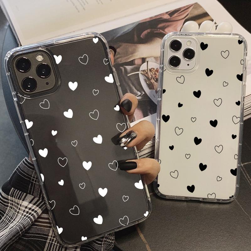 Cute Black White Love Heart Shockproof Phone Case For iPhone 16 14 15 13 Pro Max 12Mini 11 XR XS 7 8Plus Clear Soft Cover Fundas