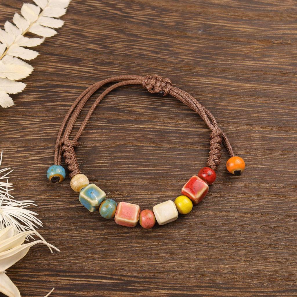 Ethnic Floral Glaze Ceramic Beaded Bracelet - Retro Artistic Porcelain Design for Women
