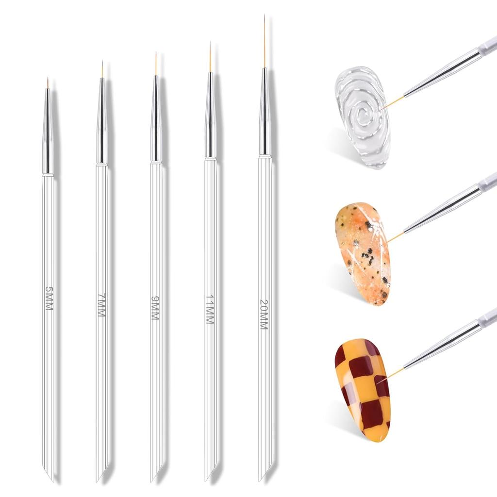 5Pcs Transparent Nail Art Liner Brushes for Nails Fine Drawing Sizes 5/7/9/11/20mm Nail Art Painting Design Tool for Thin Detail, Nail UV Gel Polish