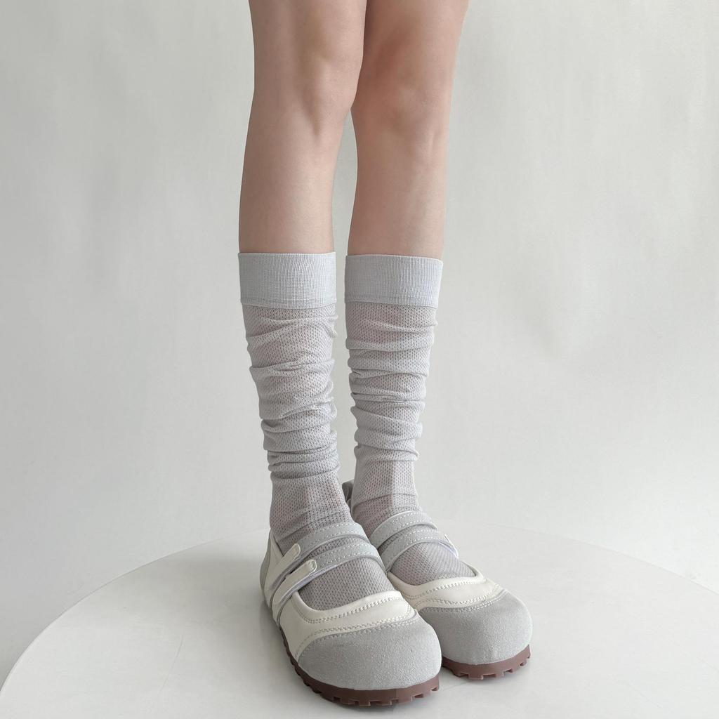 Ruffled Sheer Calf Socks with Heel Ribbons and Bows, Ballet Style, Korean Version.