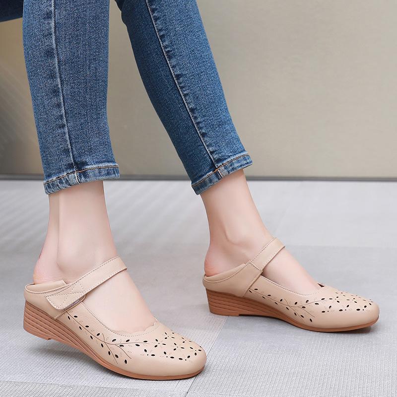 Mode GKTINOO 2025 Keilabsatzschuhe Sandalen aus echtem Leder Sommer Hohle Damen Sandalen Komfort Weiche Freizeitsandalen Große Größe