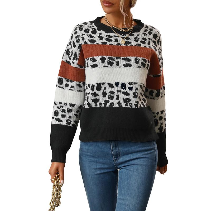 Vintage Fashion Elegant Casual Women's Jacquard Leopard Print Long-sleeved Sweater Women's Fall