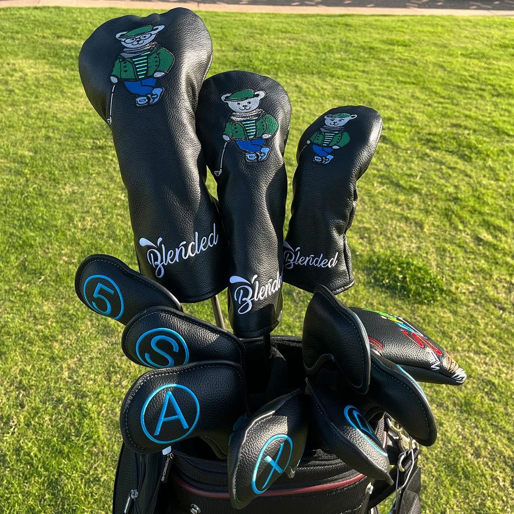 Golf Club Headcovers for Fairway and with Numbered Stylish PU Leather Headcovers with Bear Black UT Drivers, Woods, Utilities, Hybrids, Tags,