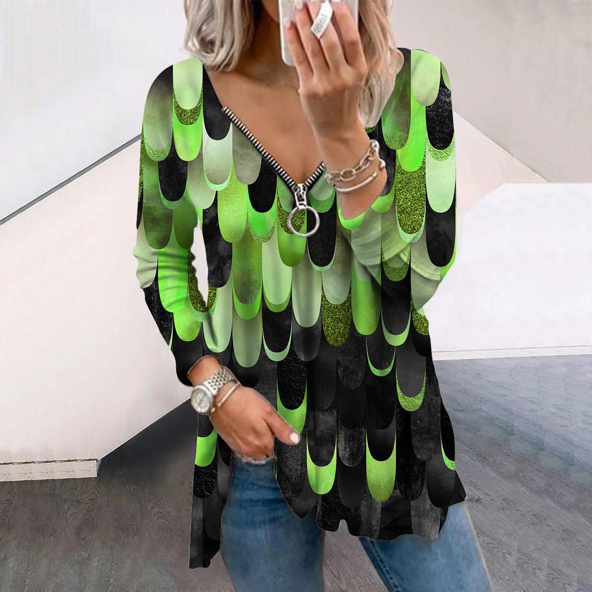 

Жіночі осінні футболки з довгими рукавами з принтом із поступовими краплями дощу, вільні футболки з v-подібним вирізом, плюс розмір, зручна блуза 7XL зелений
