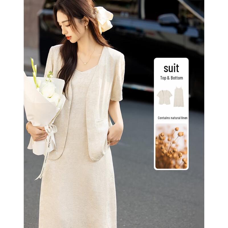 Elegant Linen Blend Jacquard Cardigan Dress Set M