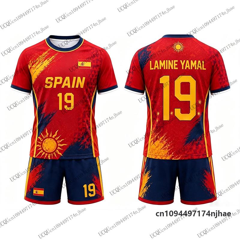 Tuta da Ginnastica per Bambini Spagna Tifosi Yamal #19 Stampa Maglietta+Pantaloncini Set Casual Maglia da Calcio Tuta Sportiva Bambini/Adulti Completo 2 Pezzi