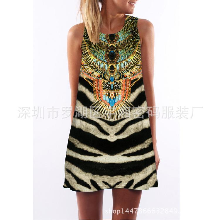 European and American new digital printing hot-selling round neck suspender off-the-shoulder dress S