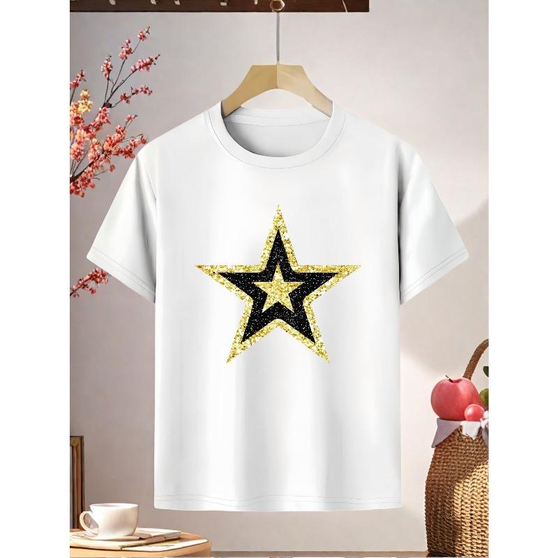 European sizes Girls' Soft  Star Print T-Shirt - Summer Casual Round Neck Top with Random Star Patterns, Suitable for Summer Outfits,, Playdates