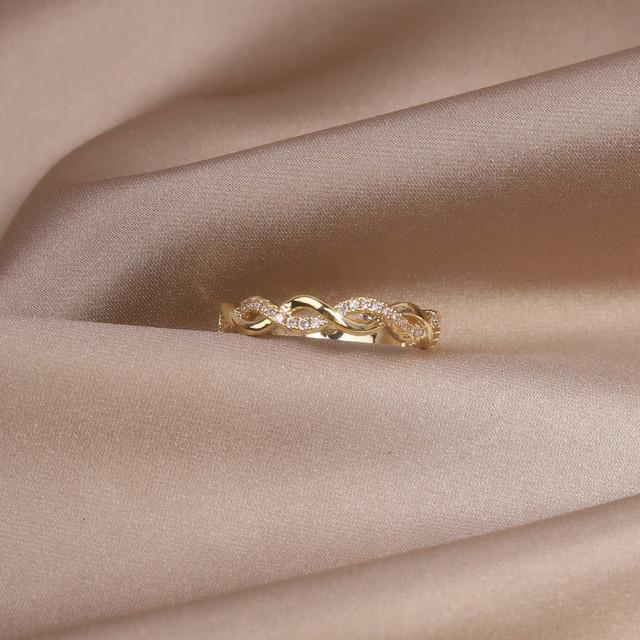 

Корейские модные ювелирные изделия 14K настоящее позолоченное цирконовое полое витое кольцо элегантные женские открывающиеся регулируемые повседневные рабочие кольца Resizable белый